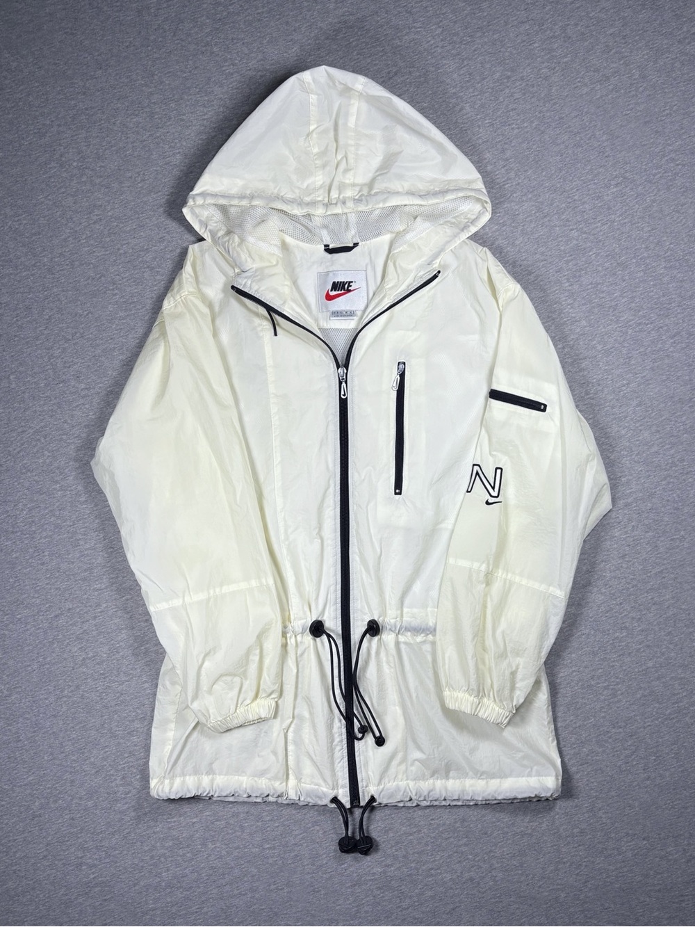 Vintage Nike Windbreaker Jacket Women’s M Full Zip Hooded Cream Black Nylon 90s